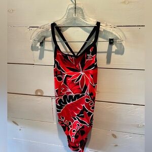 Tyr Durafast one-piece swimsuit, swimming, Red and Black Floral Swimsuit, EUC